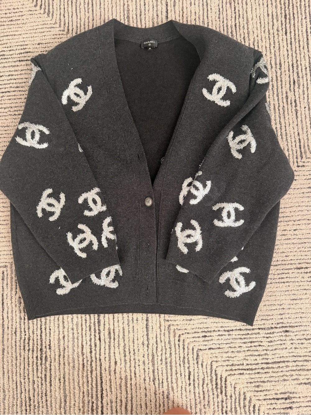 CHANEL Charcoal Gray Logo Button-Front Cardigan